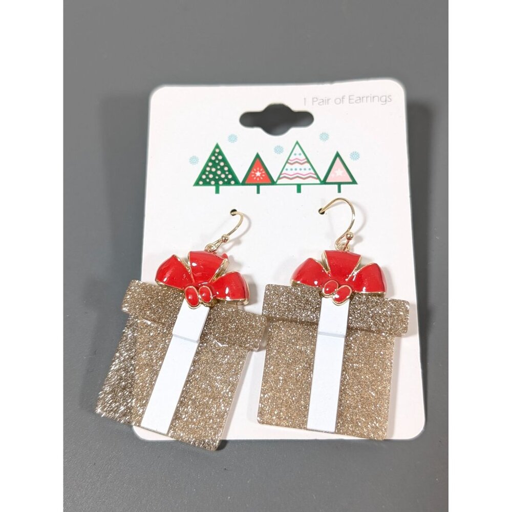 Christmas Gift Earrings Present Gold Tone Glitter Red Enamel Bow Dangle‎ NEW
